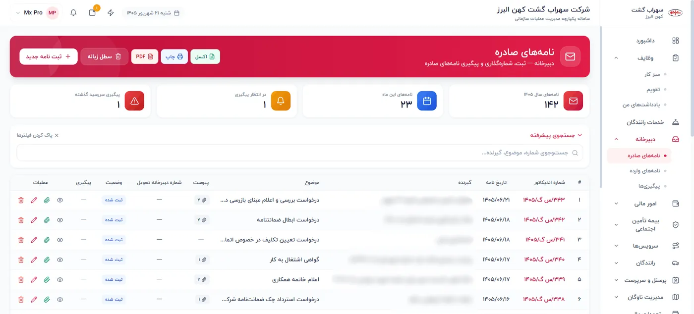 دبیرخانه و مدیریت نامه‌های صادره