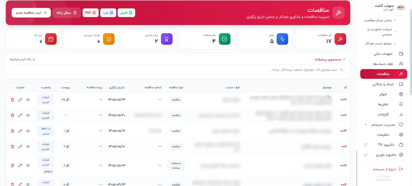 مدیریت مناقصات و یادآوری تاریخ برگزاری
